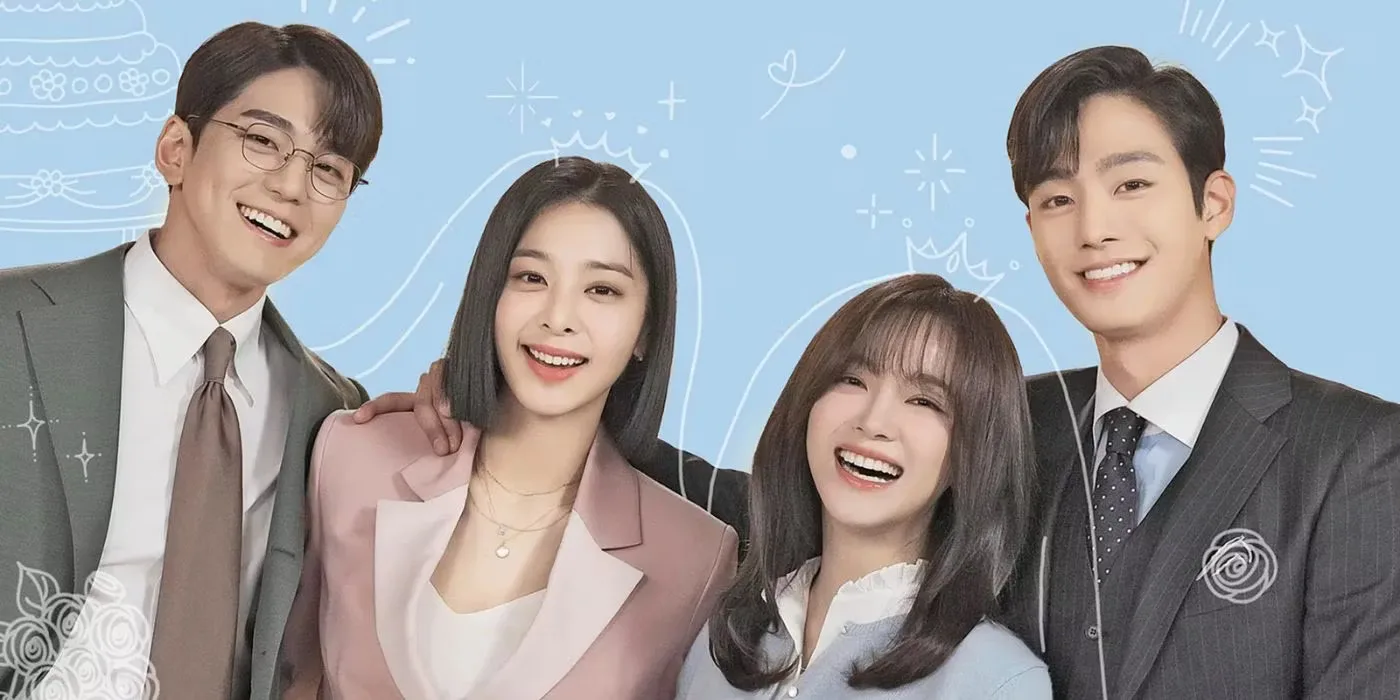 the-main-cast-of-business-proposal-smiling-in-front-of-a-blue-animated-screen